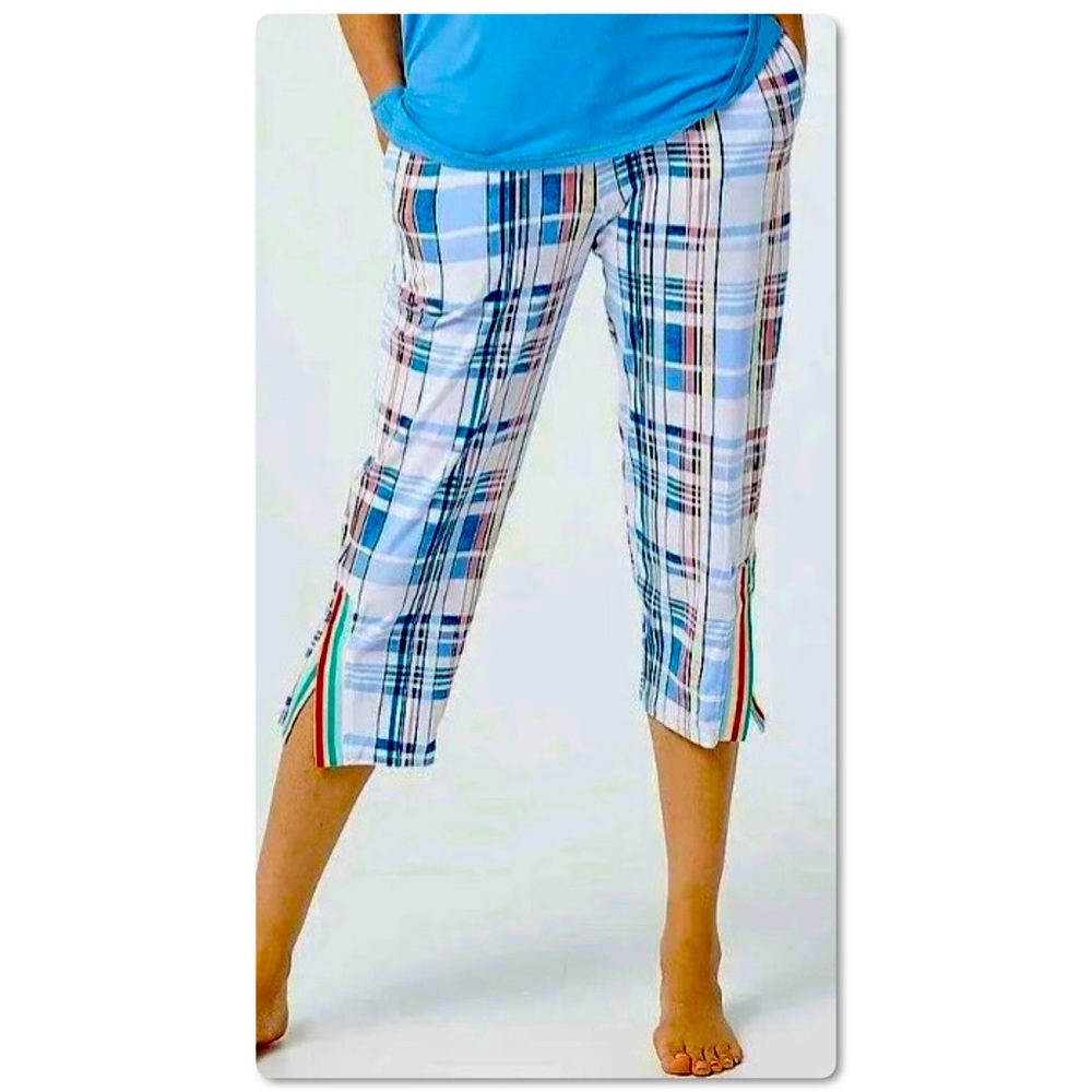 Cuddl Duds Cropped Lounge Pants Plaid Pajama White Blue Size S Small
